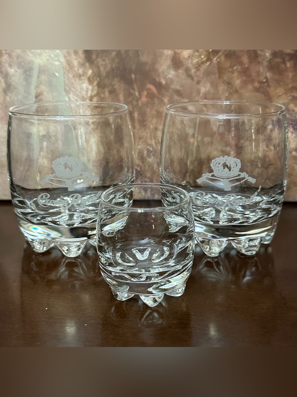 Pair of Crown Royal Etched Logo Whiskey Lowball Tumblers w/1 Bonus Mini Glass